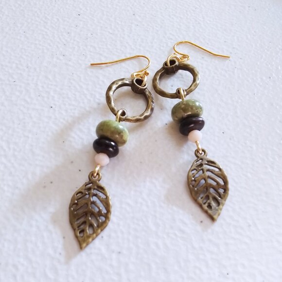 Feminine Bronze Leaf Dangle Earrings 3" ~ Jasper + Agate ~ Fall & Harvest Season - Picture 2 of 6